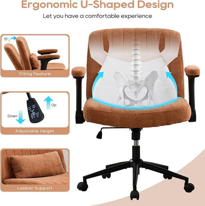 IPKIG Criss Cross Chair with Adjustable Flip-up Arms, Vanity Chair with Wheels, Comfy Desk Chair with Lumbar Pillow Swivel Wide Office Chair for Home Office, Bedroom, Chenille, Orange