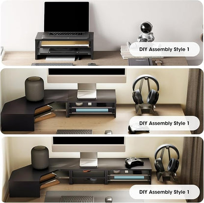 Fenge Monitor Stand, 3-Tier Monitor Riser with Slide-Out Tray, Wooden and Metal Desktop Organizer for Home Office, Computer, Laptop, Printer, Telephone