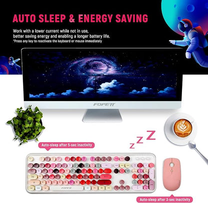 Wireless Keyboard and Mouse Combo - Cute Colorful Keyboard and Mouse, Retro Typewriter Keyboard with 2.4GHz Plug & Play, for Windows 11/10/7, Laptop, PC (White Color)