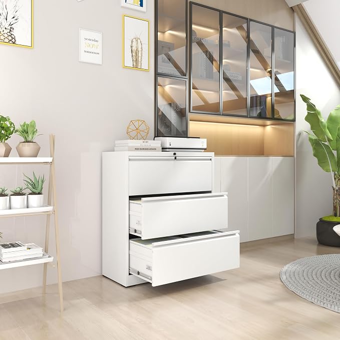 3 Drawer File Cabinet,Metal Lateral Filing Cabinet with Lock,Home Office Storage Organizer Cabinet for Legal/Letter/A4/F4 Size Files,35.5" W,White
