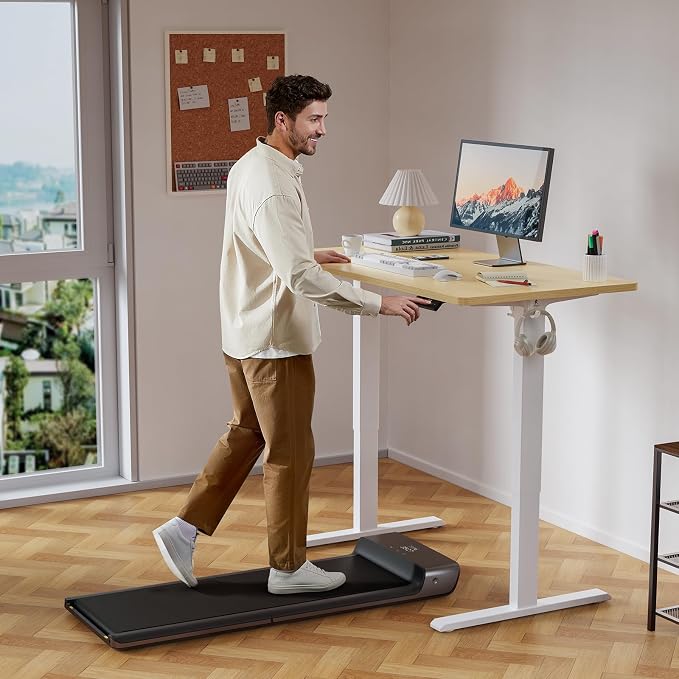 WALKINGDESK 55x24 Inches Height Adjustable Electric Standing Desk with 2 Hooks for Home Office, Ergonomic Sit Stand up Desk with Splice Board, Oak