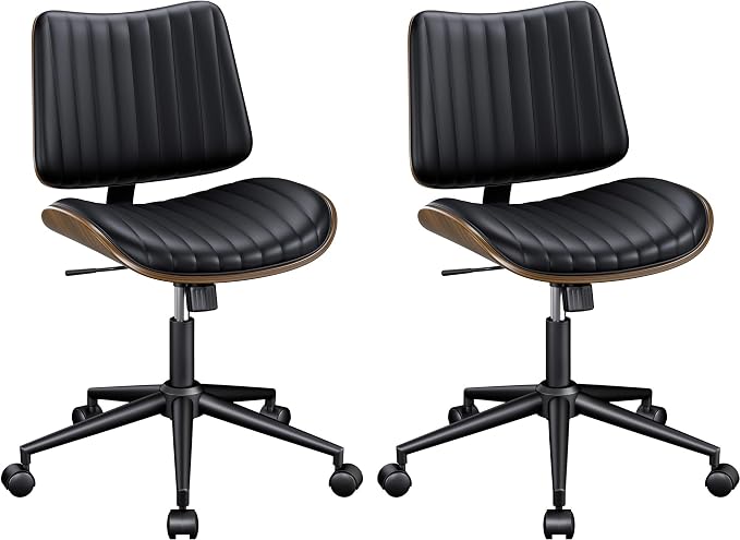 REONEY Home Armless Office Chair Set of 2, Modern Walnut Desk Chair with Wheels, Adjustable Swivel Rolling Task Chair with Curved Back for Reading,Meeting Room, Black