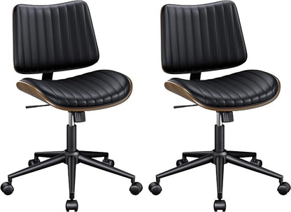 REONEY Home Armless Office Chair Set of 2, Modern Walnut Desk Chair with Wheels, Adjustable Swivel Rolling Task Chair with Curved Back for Reading,Meeting Room, Black