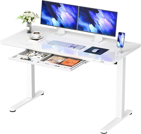 YESHOMY Electric Standing Desk with Tempered Glass Top, 47.2" Height Adjustable Desk with Partitioned Drawer & USB/Type-C Ports, Sit Stand Desk for Home Office, White