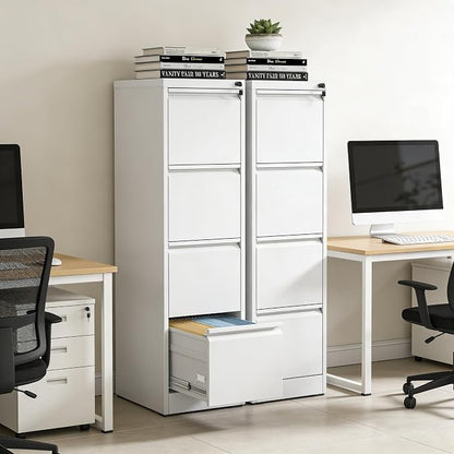 4 Drawer File Cabinet, Metal Vertical Filing Cabinet for Home Office, Locking Steel Easy Assemble 18" D File Cabinets for Legal/Letter/A4/F4 (White)