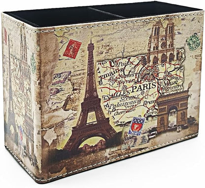 Pen Holder, Rectangle Vintage Pencil Holder with 2 Compartments, PU Leather Art Remote Control Holder Organizer Storage for Desk Accessory (Eiffel Tower)