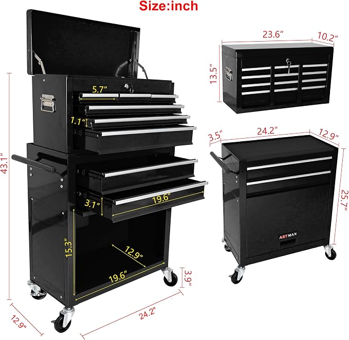 RYH 8 Drawers Rolling Tool Chest & Tool Box on Wheels | Heavy Duty Metal Cart with Ball Bearing Drawers | Fits US General Tool Box for Garage Storage (Black, 8 Drawers /43.1" H × 24.2" W)