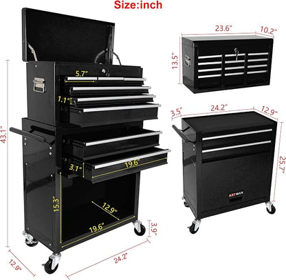RYH 8 Drawers Rolling Tool Chest & Tool Box on Wheels | Heavy Duty Metal Cart with Ball Bearing Drawers | Fits US General Tool Box for Garage Storage (Black, 8 Drawers /43.1" H × 24.2" W)
