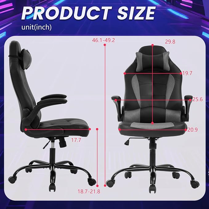 BestOffice Gaming Chair Office High-Back PU Leather Racing Chair Reclining Computer Executive Desk Chair with Lumbar Support Adjustable Arms Rolling Swivel Chair for Women, Men(Grey)