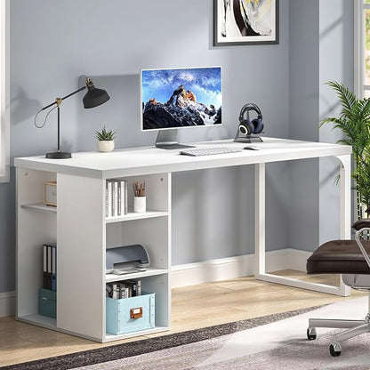 EXCEFUR White Computer Desk with Storage Shelves, Modern Home Office Desk, Reversible Wood and Metal Writing Study Table Workstations for Living Room Bedroom, 53 Inch