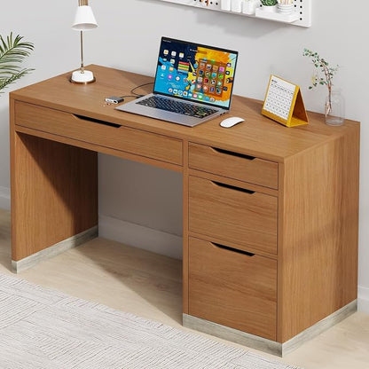 MaverickFurni 52 Inch Desk with 4 Drawers, Small Computer Desk for Small Space, Home Office Desk with Storage File Drawer for Bedroom, Brown