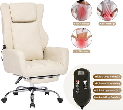 DYHOME Executive Office Chair Cross Legged Sitting with Massage and Footrest Heavy Duty Desk Chair,Swivel Ergonomic Chairs with Lumbar Support Wheels Flip-up Arms Height,Leather Beige