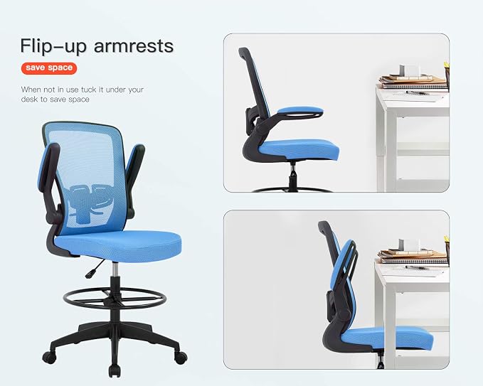 BestOffice Drafting Chair Tall Office Chair Adjustable Height with Lumbar Support Arms Footrest Mid Back Standing Desk Chair Swivel Rolling Mesh Computer Chair Standing Desk Drafting Stool Blue
