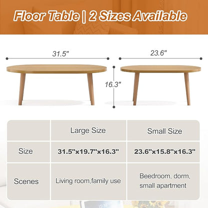 Coffee Table Low Table with Solid Wood Legs, 31.5x19.7" Large Coffee Table Side Table, Floor Table Desk for Sitting on The Floor, Living Room Furniture for Office Apartment Home, Oval Natural
