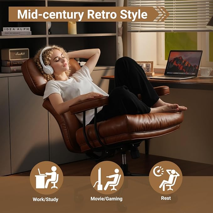 Home Office Chair,Ergonomic Computer Chair with Lumbar Support Adjustable Height,Mid-Century Modern Office Chair with Rolling Swivel Chair for Home Office Game Study(PU Leather Chair,Brown)