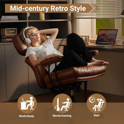 Home Office Chair,Ergonomic Computer Chair with Lumbar Support Adjustable Height,Mid-Century Modern Office Chair with Rolling Swivel Chair for Home Office Game Study(PU Leather Chair,Brown)
