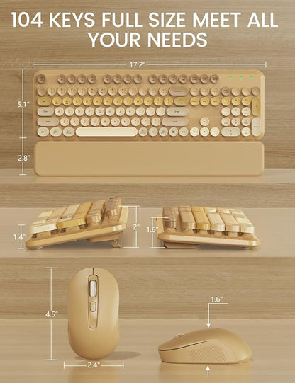 Wireless Keyboard and Mouse Combo, Typewriter Keyboard with Detachable Wrist Rest, Full-Size Retro Round Keycaps, Smart-Sleep, 2.4GHz Stable Connection for Mac/Windows/PC, Trueque (Ombre Latte Beige)