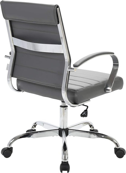 LeisureMod Benmar Leather Office Desk Chair, Mid-Back Ergonomic Swivel Chair with Lumbar Support, Adjustable Height, Tilt Lock, Cushioned Seat & Back, Home Office Task Chair (Grey, Single)
