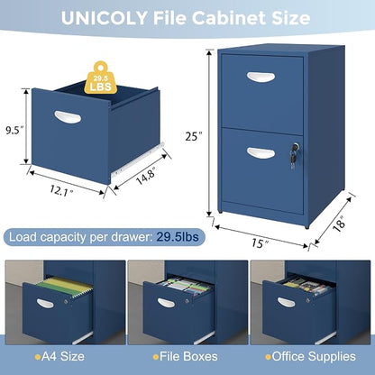UNICOLY 2 Drawer File Cabinet with Lock, Metal File Cabinet for Home Office, Under Desk Storage, Printer Stand, for Letters and File Boxes, Assembly Required, Blue