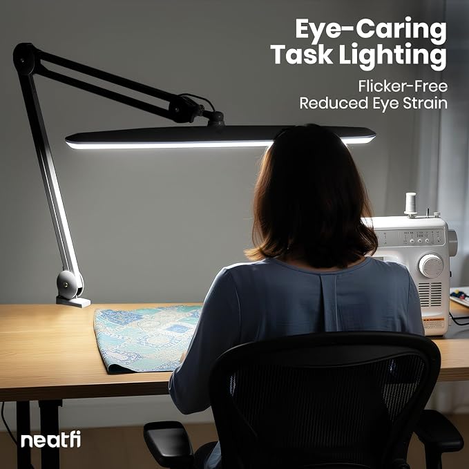 Neatfi XL 2,200 Lumens 24W LED Desk Lamp – 23” Wide Shade | Dimmable Eye-Caring Task Light | Adjustable Arm | Home Office, Study, Crafts & Nail Tech (Black, Non-CCT with Clamp)