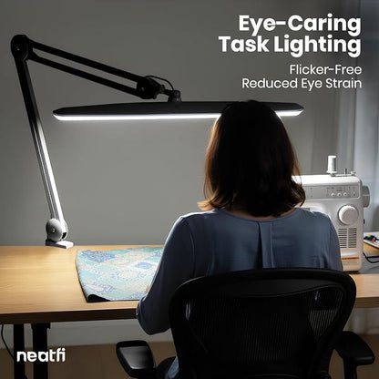 Neatfi XL 2,200 Lumens 24W LED Desk Lamp – 23” Wide Shade | Dimmable Eye-Caring Task Light | Adjustable Arm | Home Office, Study, Crafts & Nail Tech (Black, Non-CCT with Clamp)