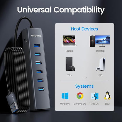 4FT USB to Ethernet Adapter, 7-in-1 USB Hub 3.0 Multiport Adapter with Ethernet 1Gbps & 6 USB 3.0 Port, USB Ethernet Adapter for Desktop, Laptop, MacBook, XPS Windows