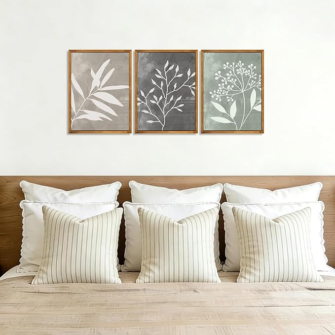 Framed Vintage Botanical Wall Art Set of 3 Prints,Boho Framed Canvas Wall Art,Minimalist Floral Art Boho Wall Decor Living Room,Sage Green Grey Beige Netural Plant Wall Paintings for Bedroom Bathroom Decor,12"x16"