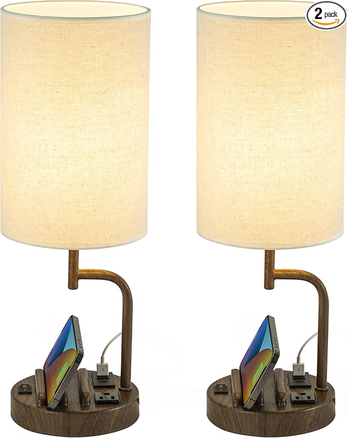 Dreamholder Table Lamp with 3 USB Charging Ports, Modern Desk Lamp with AC Outlet and Phone Stands, Perfect Bedside Lamp for Bedroom, Living Room, Office (Pack of 2), Walnut