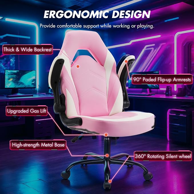Sweetcrispy Computer Video Game Desk Chair: Ergonomic Comfy Lumbar Support, PU Leather with Flip-up Armrest, Height Adjustable and 360° Swivel, for Adults, Pink
