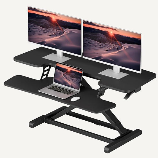 SANODESK 40" Desk Converter, Height Adjustable Sit to Stand Riser, Dual Monitor and Laptop Workstation with Wide Keyboard Tray, Modern Minimalist Design, Black