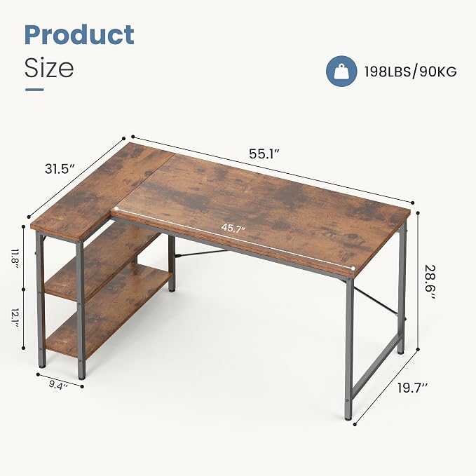 DUMOS L Shaped Desk 55 Inch Computer Corner Gaming Desks for Home Office PC Table with Reversible Storage Shelves for Writing Working Study Bedroom Dorm Rustic Brown