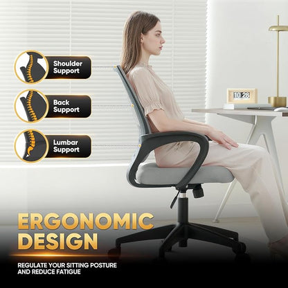 Magshion Ergonomic Office Chair 20 Pack, Mid-Back Mesh Desk Chair, Adjustable Swivel Computer Chair with Lumbar Support & Breathable Backrest for Gaming, Work, Study, 300 Lbs Capacity, Light Gray
