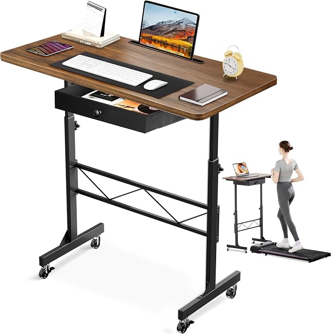 COMHOMA Small Standing Desk Adjustable Height Small Computer Desk Mobile Portable Rolling Laptop Table with Wheels 32" Computer Workstation Sit Stand Desks Portable Standing Table Treadmill desks