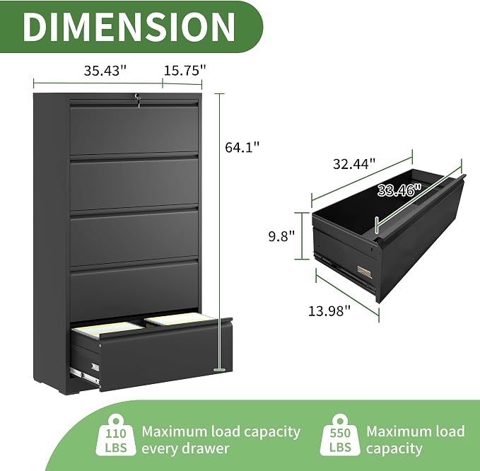 5 Drawer File Cabinet,Metal Lateral Filing Cabinet with Lock,Home Office Storage Organizer Cabinet for Legal/Letter/A4/F4 Size Files,35.5" W,Black