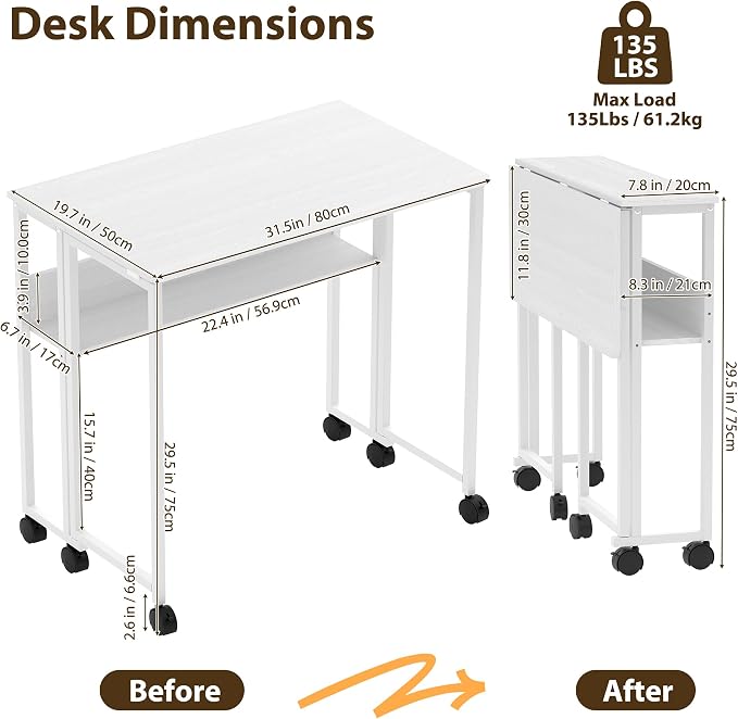 Folding Desk Small Rolling Desk with Storage Shelf,31.5 Inch Foldable Computer Table with Wheels,Portable Office Desk for Small Space Sofa Table,Easy to Fold,Writing Work Office Computer Desk,White