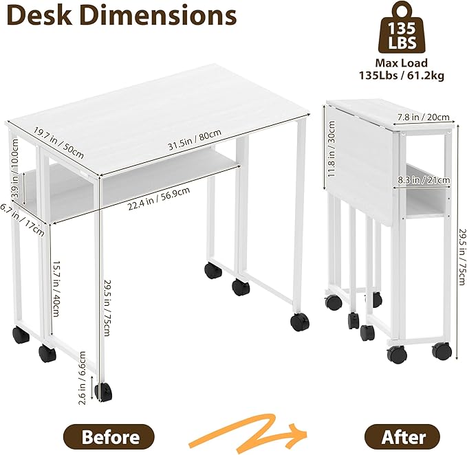 31.5" Folding Desk Rolling Desk with Storage Shelf,Space-Saving Foldable Computer Desk with Wheels,Portable Mobile Couch Sofa Side Table for Small Spaces, Home Office, Study, Easy Assembly,white