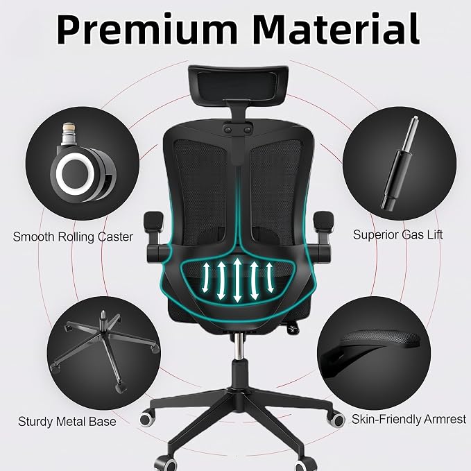 Ergonomic Office Chair - 350LB Comfy Desk Chairs with Adjustable Headrest and Lumbar Back Support, Mesh Computer Chairs with Wheels and Arms for Home Office, Study (Black-with Headrest)