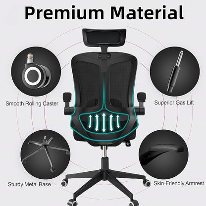 Ergonomic Office Chair - 350LB Comfy Desk Chairs with Adjustable Headrest and Lumbar Back Support, Mesh Computer Chairs with Wheels and Arms for Home Office, Study (Black-with Headrest)