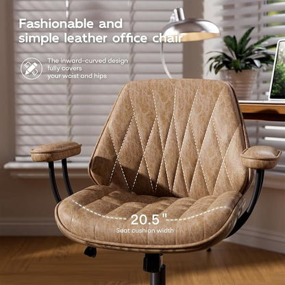 Office Desk Chair with Rubber Casters and Padded Arms, Premium Camel Brown Faux Leather Computer Chair, Height Adjustable Vintage Rolling Swivel Executive Task Chair for Home Office