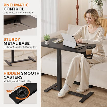 GTPLAYER Small Standing Desk with Hidden Wheels, Pneumatic Mobile Rolling Laptop Desk, Adjustable Height Overbed Bedside Table Computer Workstation for Home Office (32" W x 16" D, Black)