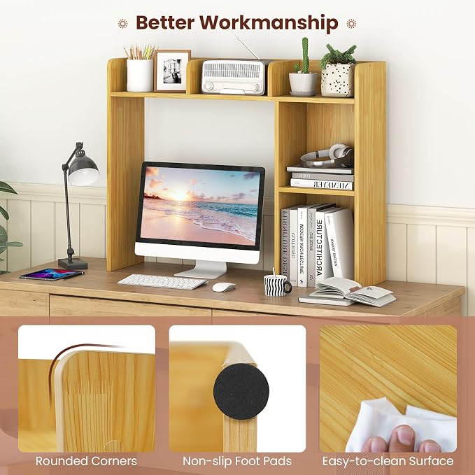 LDAILY Desktop Shelf, Multipurpose Wood Desk Hutch for Max 27" Computer Monitor, Countertop Storage Hutch with 5 Shelves, 3 Tier Desktop Display Rack for Dorm Office Home (Burlywood)