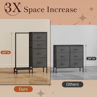 HIGDBFE Dresser with Hanging Rack, 4 Drawers Small Closet for Bedroom, Reversible Fabric Kids Chest of Drawers with Clothes Rack, Tall Storage Tower, Sturdy Frame, Grey, 44''H