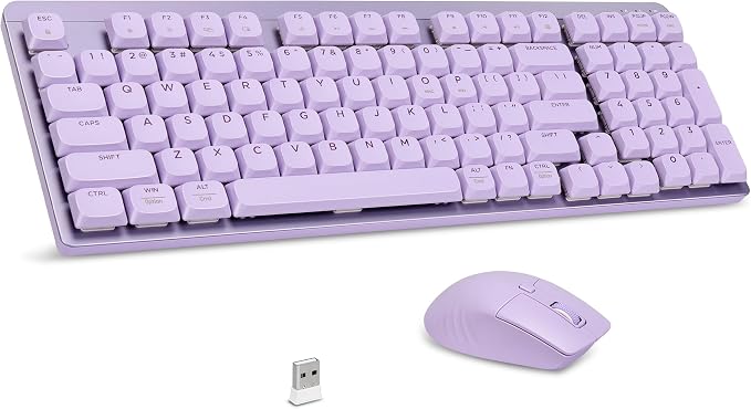 LeadsaiL Wireless Keyboard and Mouse Combo, 2.4Ghz Cordless Mechanical Keyboard and Silent Mouse for Business, Low-Profile Red Switch, 98-Key Compact Slim Keyboard for Windows/MacOS PC Laptop- Purple