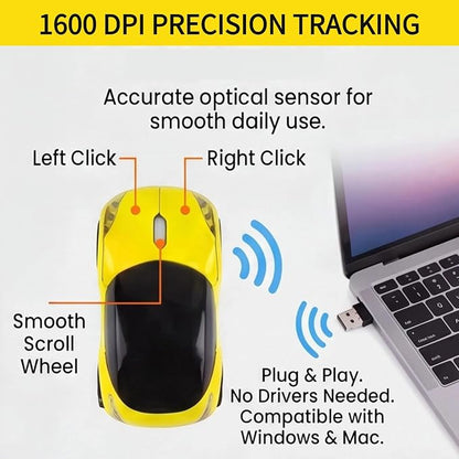 Yellow Wireless Car Mouse, 2.4G with USB Receiver, 1600DPI Optical, Ergonomic Mini Computer Mouse, for Laptop, PC, Tablet, Windows, Mac OS