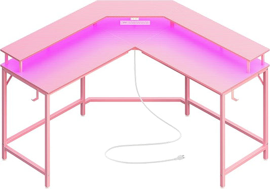 Huuger L Shaped Gaming Desk with Power Outlets & LED Lights, Computer Desk with Monitor Shelves, Carbon Fiber Surface, Home Office Desk, Corner Gaming Desk with Hooks, Carbon Fiber Pink