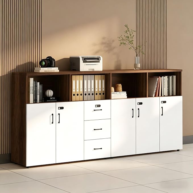 File Cabinet with Password Lock, Wood Lateral Filing Cabinet for Letter/A4 Files, 3 Drawer with Door, Printer Stand with Open Shelves for Home Office