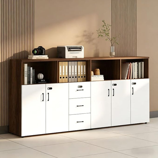 File Cabinet with Password Lock, Wood Lateral Filing Cabinet for Letter/A4 Files, 3 Drawer with Door, Printer Stand with Open Shelves for Home Office