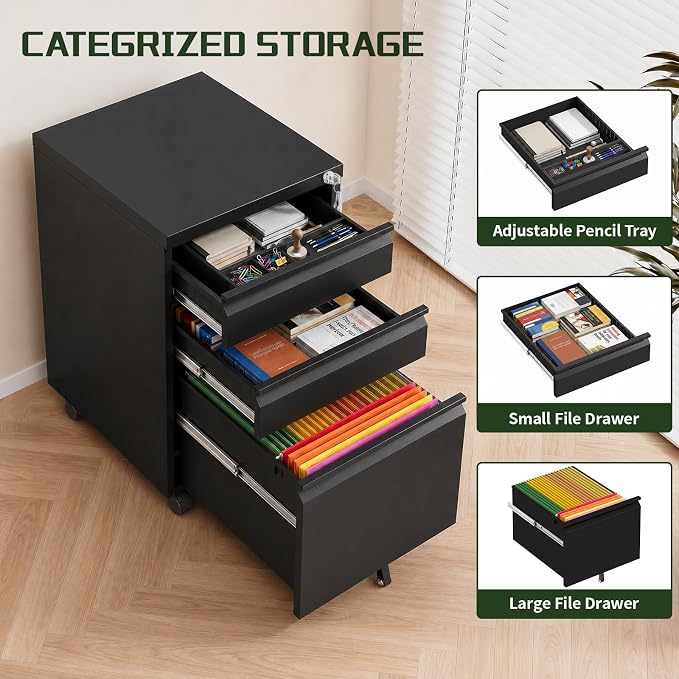 3 Drawer File Cabinet with Lock,Rolling Mobile File Cabinet with Wheels for Home Office,Under Desk Metal Filing Cabinet,Office Storage Organizer,Fully Assembled,Black