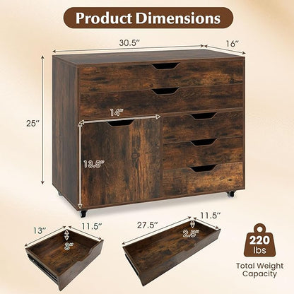 File Cabinet, 5 Drawer Filing Cabinet with Door, Mobile Storage Organizer, Wooden Printer Stand on Wheels for Study Home Office Living Room (Rustic Brown)