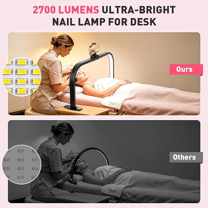 HITTI LED Half Moon Nail Desk Lamp, 30" Foldable Arch Light with 5X Magnifier & Phone Holder for Manicure, Handicraft, Art, Eyelash Extensions - Adjustable Brightness, 3 Color Modes, Home & Salon